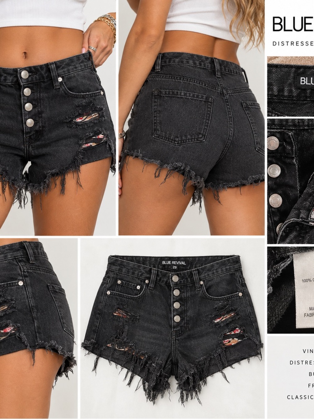 Blue Revival Distressed Floral Denim Shorts – Size 29